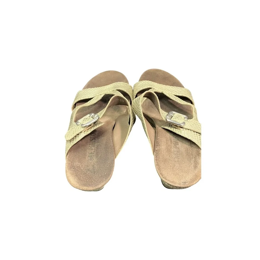 Mephisto Gold Beatrix Snakeskin Leather Wedge Sandals Buckle Strap Womens 38 7.5